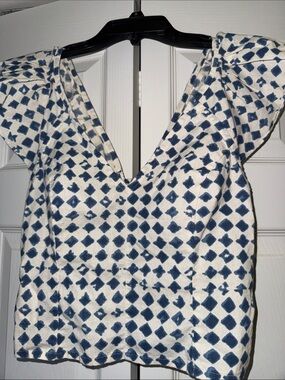 NWOT.  Madewell White and Navy Diamond-Print V-Neck Ruffle-Sleeve Top